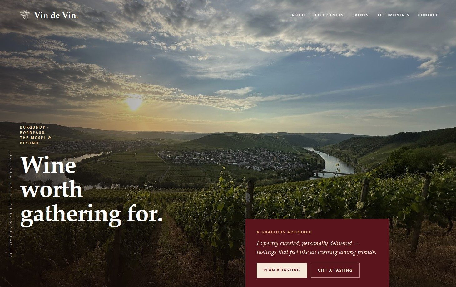 The redesigned Vin de Vin homepage, a full-bleed vineyard hero reading Wine worth gathering for